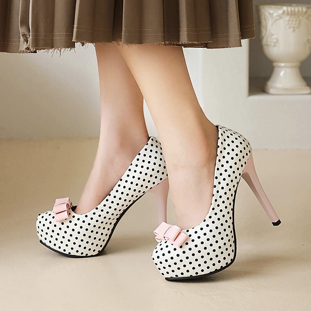 KOKOMOMO Womens Polka Dot High Heels Round Toe Platform Stiletto Pumps with Bows
