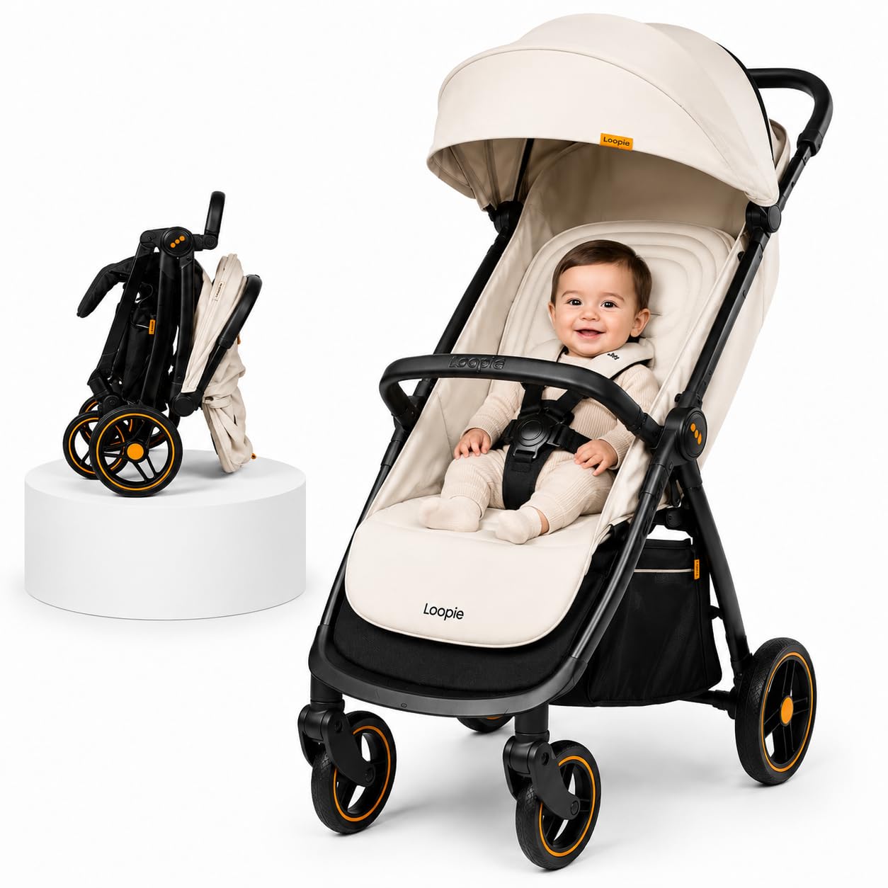 Loopie Hop Stroller | 0-4 Years| Travel Friendly Cabin Stroller| Foldable| Aluminium Frame| Sun Protection Canopy | 5 Point Safety Harness| Adjustable Seat| Shock Absorber Wheels| Ivory-image-23