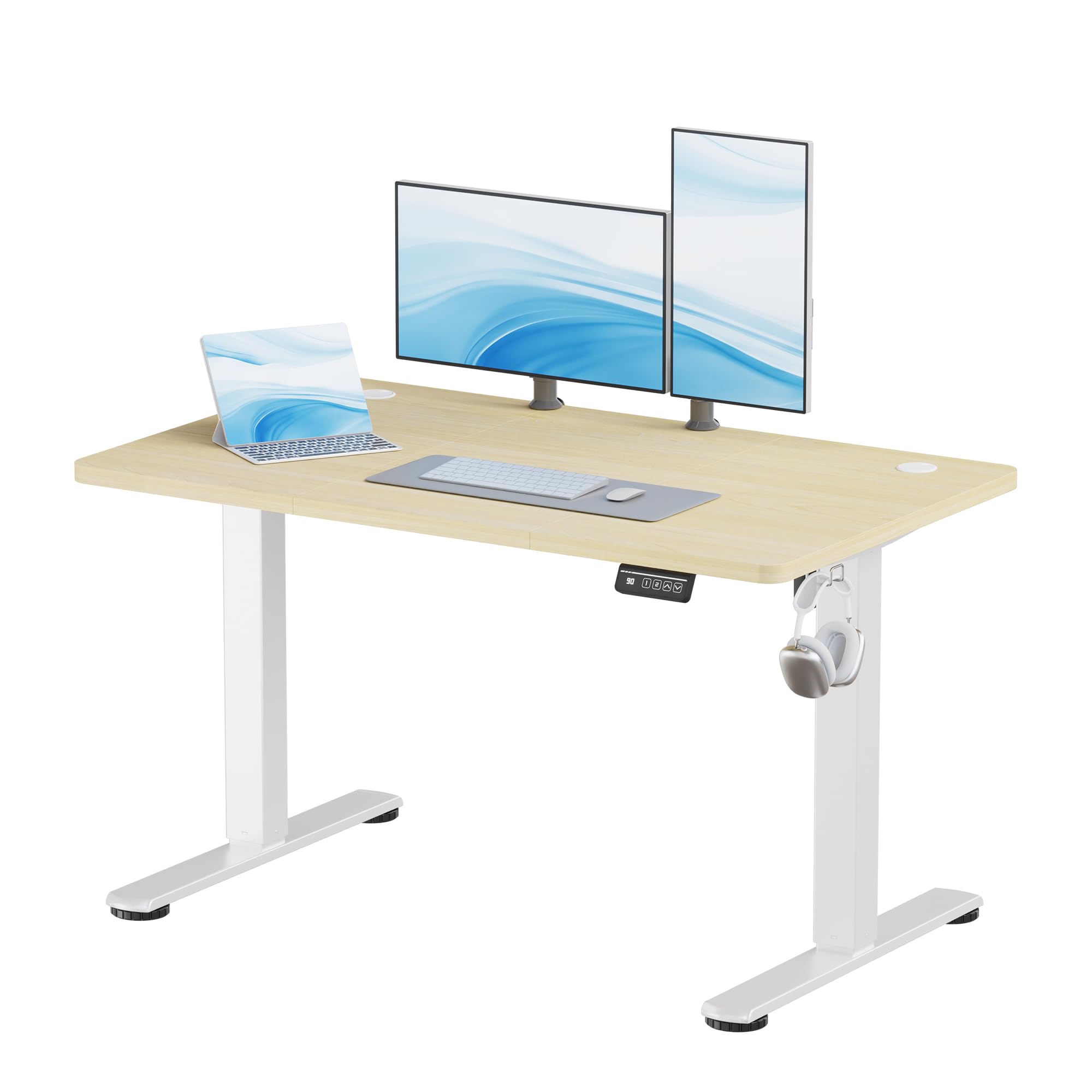 JUMMICO Electric Standing Desk Height Adjustable 120x60cm Sit Stand Table with Backpack Hook and Memory Smart Panel, Home Office, Beige