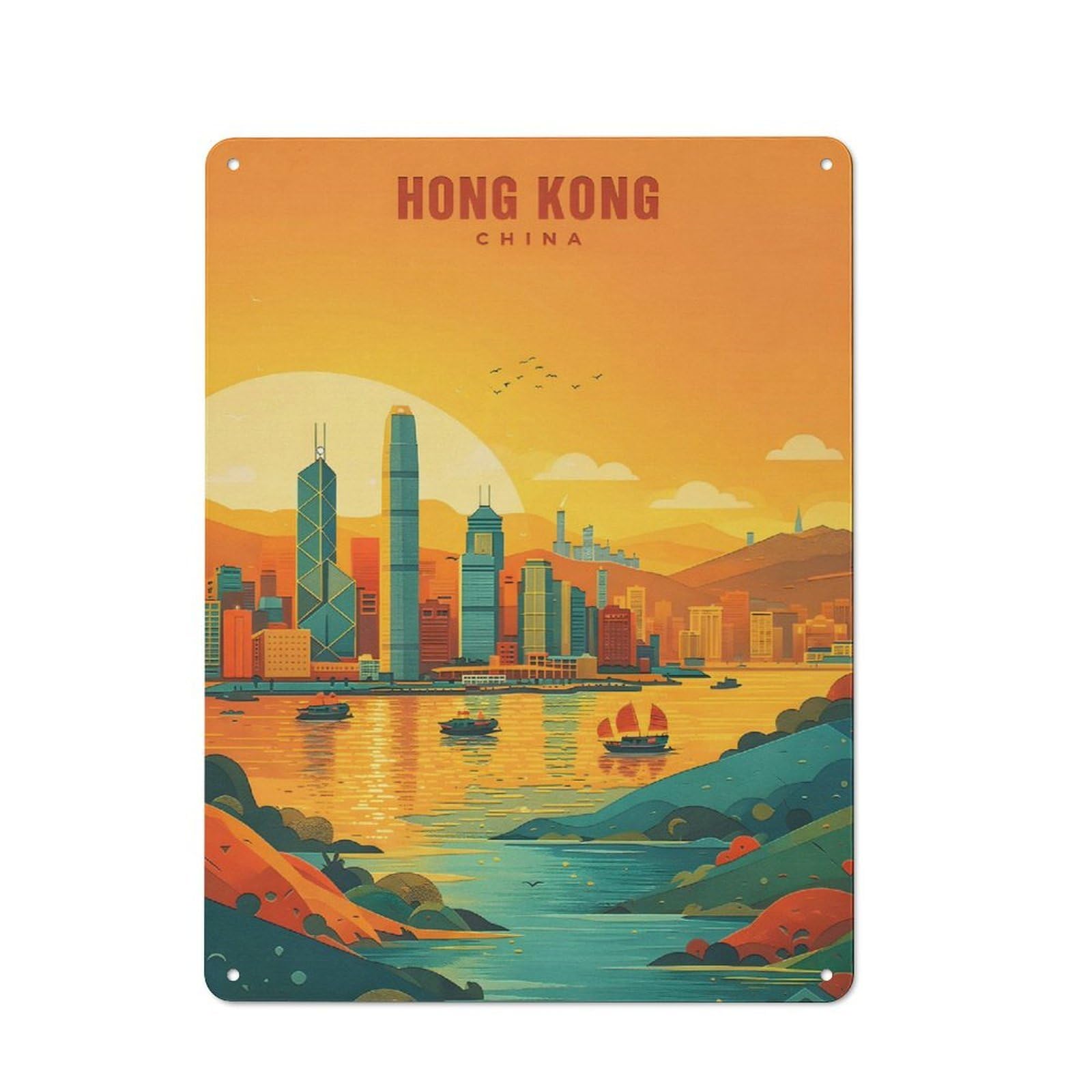 Junmoney Style-10 Vintage Metal Sign 40X30cm Featuring Hong Kong Skyline At Sunset For Pub Or Café, Wall Decor For People Reorganising Pub And Café