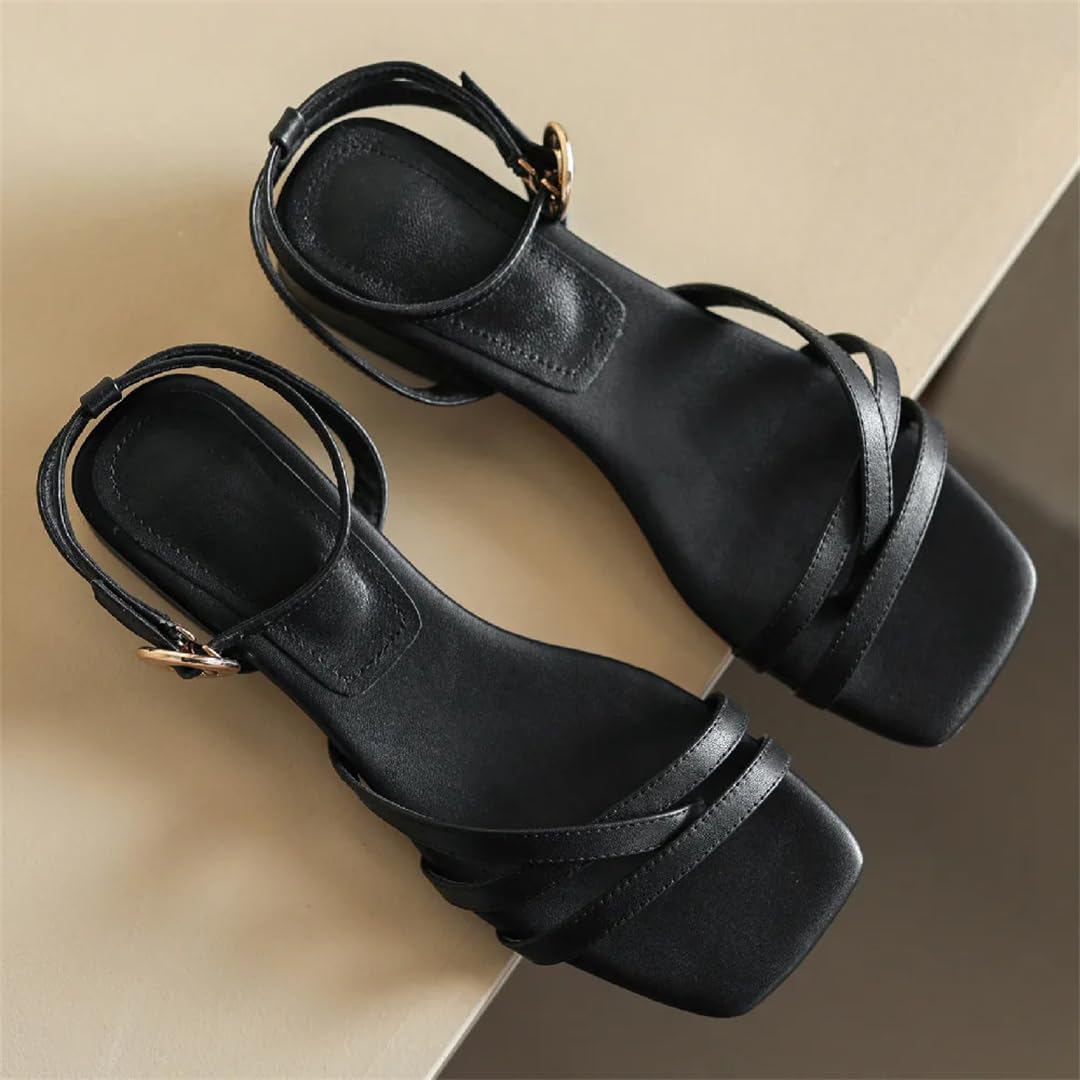 Sandalias de gladiador de piel de vaca con hebilla y tacón plano para mujer