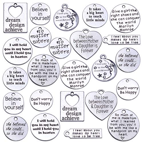 Jdesun 24 Pieces Inspiration Words Charms, 12 Styles Inspirational Message Charm Pendants for Crafting Necklace Bracelet (Silver)