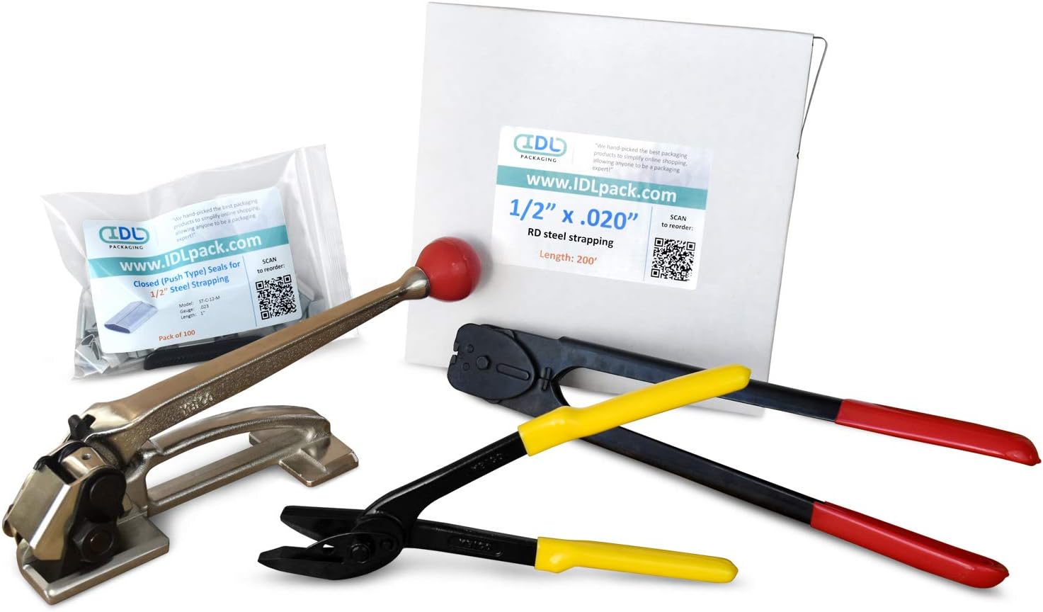 IDL Packaging PRO 1/2" x 200' Steel Strapping Kit, 1100 lbs Break Strength – Professional Grade Tools & Mini Strapping Coils – Enough Strapping and Seals for 100 Uses Before Refill