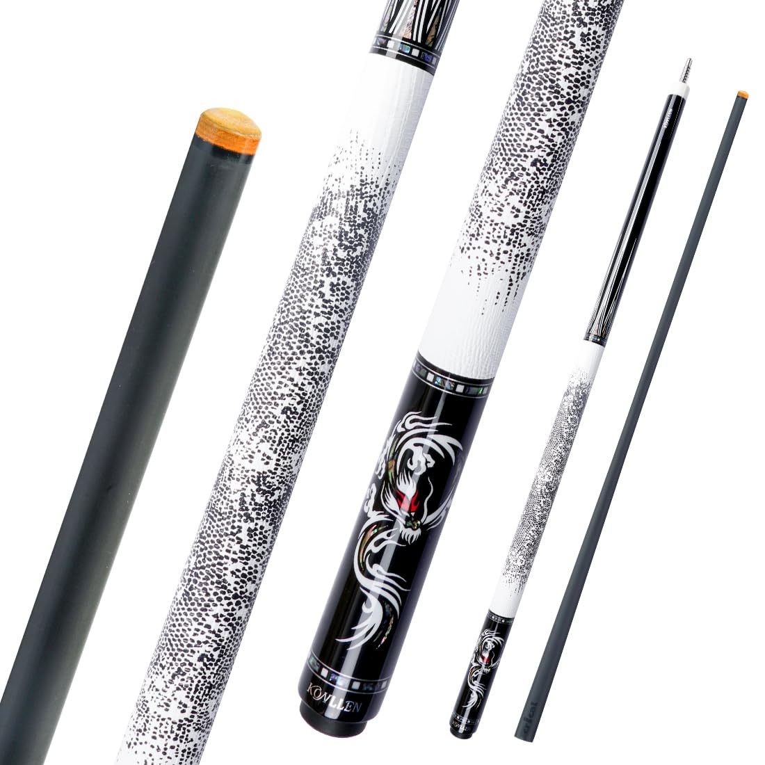 KONLLEN AING-1 Carbon Fibre Pool Cue Handmade Dragon Real Inlay (Abalone Shell Handmade Inlay, Ebony Butt, 12.4mm Sea-Eye Tip, 3/88 Radial Pin Joint, with Extension Case)