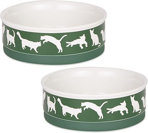 Bone Dry Cuencos de cerámica para gatos, aptos para microondas y lavavajillas, juego mediano, 6 x 2, verde cazador, 2 unidades