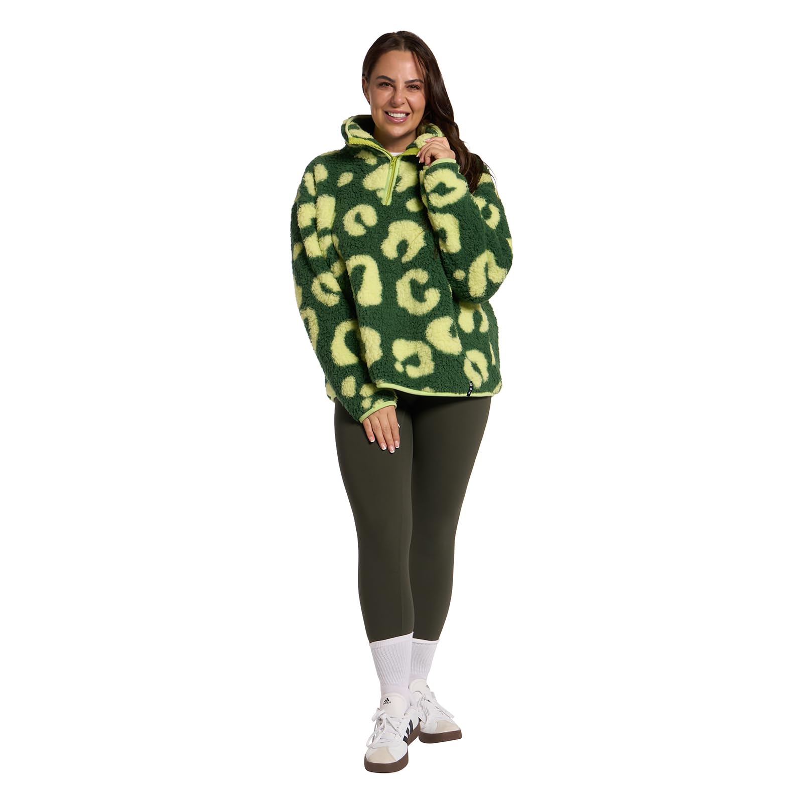 OHS Fleece Jacket Women Half Zip, Abstract Leopard Print Teddy Fleece Jacket Soft Cosy Warm Winter Clothing Women's Jackets Sweatshirt Long Sleeve Ladies Jackets Top for Outdoor, Green - S/M