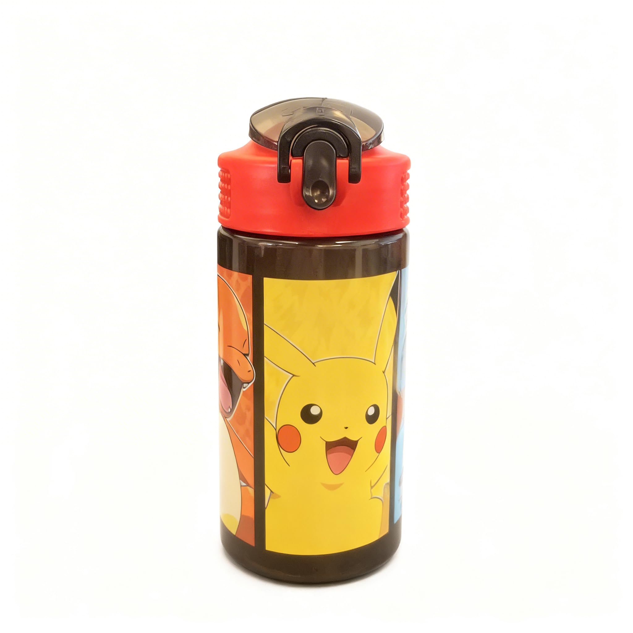 HOX Pokémon 450 ml Kids Water Bottle with Flip Spout & Straw – Pikachu, Squirtle & Bulbasaur Character Drinks Bottle, Lockable Leak‑Proof Lid, BPA Free School Sports Travel Bottle for Children