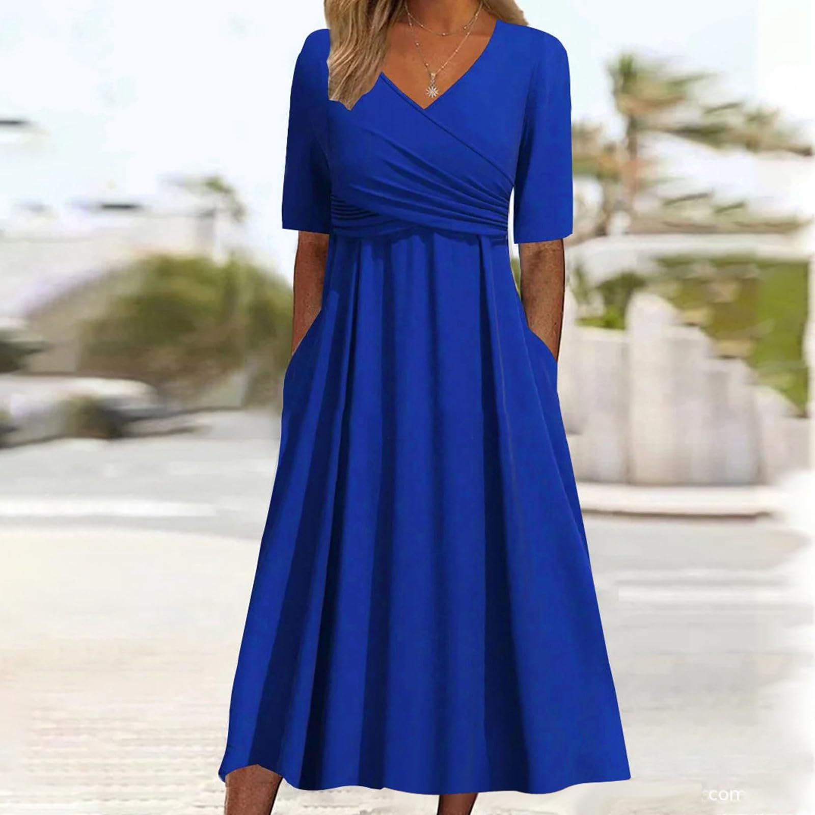 Abito estivo da donna Abiti Categoria prodotto Donna Casual Scollo a V Manica corta Abito Sciolto Spiaggia Gonna lunga – Elegante abbigliamento quotidiano per