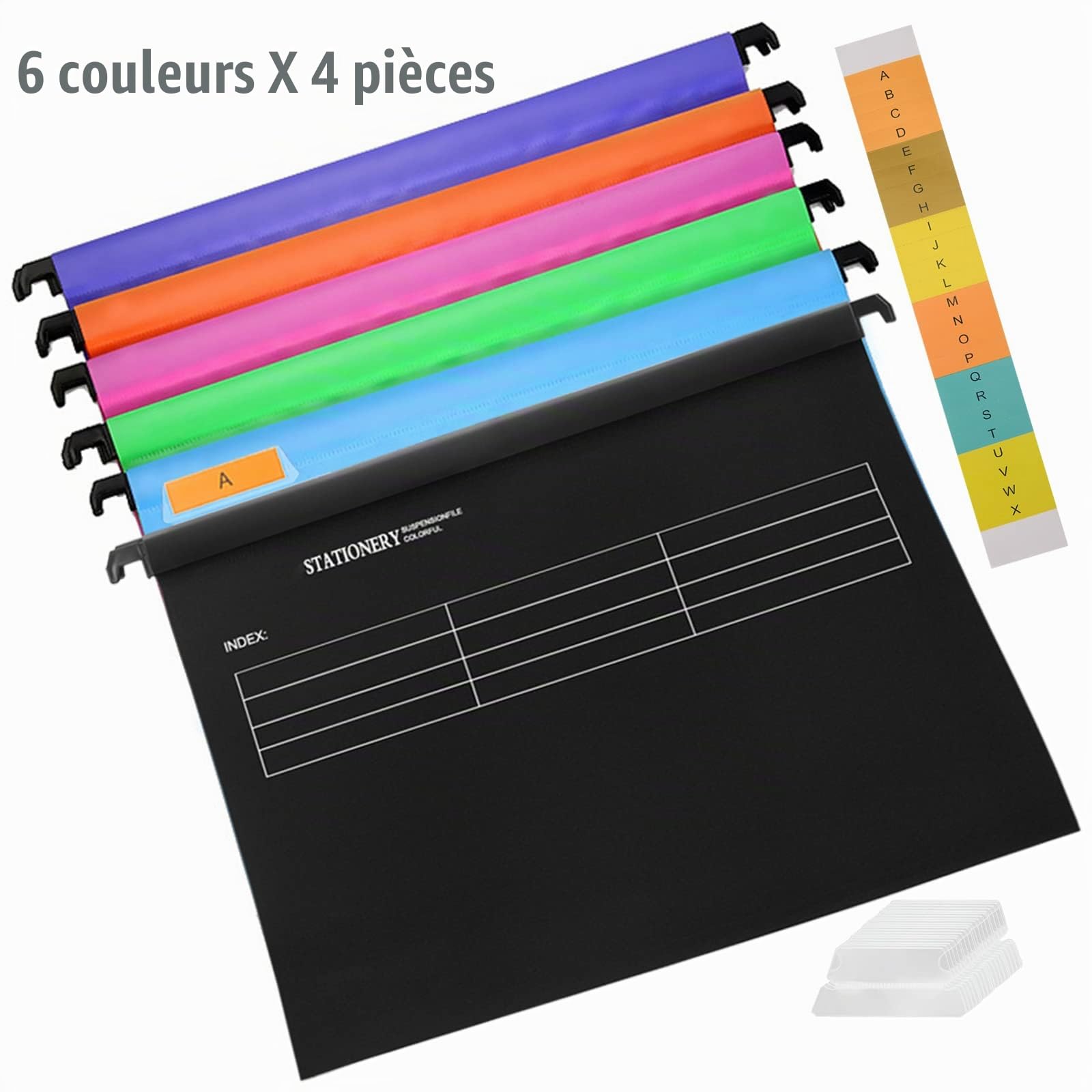 24PCS Dossiers Suspendus A4 - Pochettes à Levier en PP pour Tiroir, Classement Rapide des Documents (6 Couleurs)