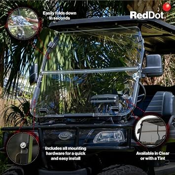 RED DOT Folding Clear Golf Cart Windshield Compatible with Evolution Classic & Forester Golf Carts | 3/16 Inch Impact Resistant Poly-Acrylic Blend | Made in the USA