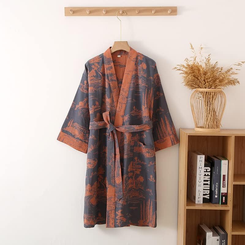 Spring Autumn Cotton Gauze Mid-length Nightdress Printed Tie-belt Bathrobe Loose Pajamas Comfortable Nightgown Sweat Steaming Yukata Sauna Suit Sleepwear Kimono for Women X-Large(Grey) - Image 2