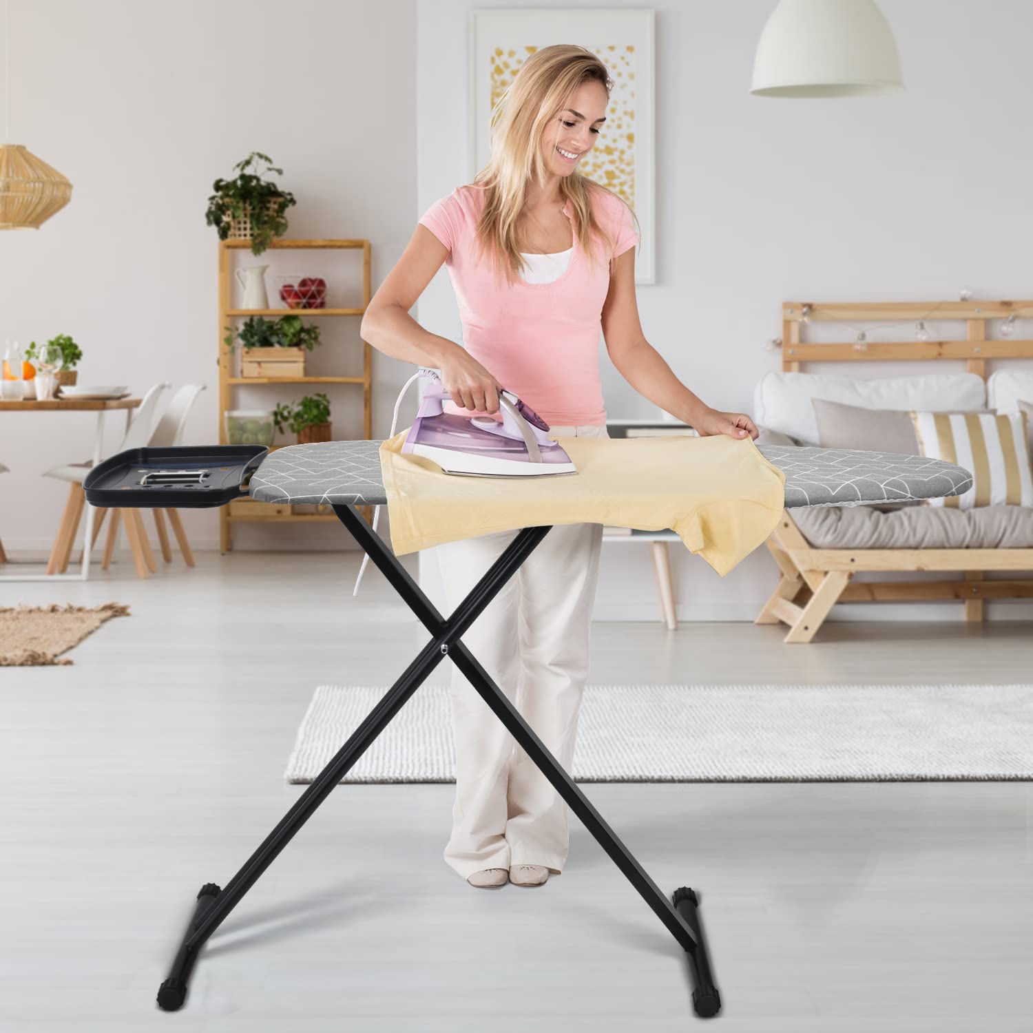 Duwee Bügelbrett Extra groß mit Dampfbügeleisen-Ablage, Stabil, 122 x 43cm | Großes Bügelbrett mit Hitzebeständigem Bezug, Dicker Polsterung, Höhenverstellbar, Robusten Stahlbeinen & Klappbar