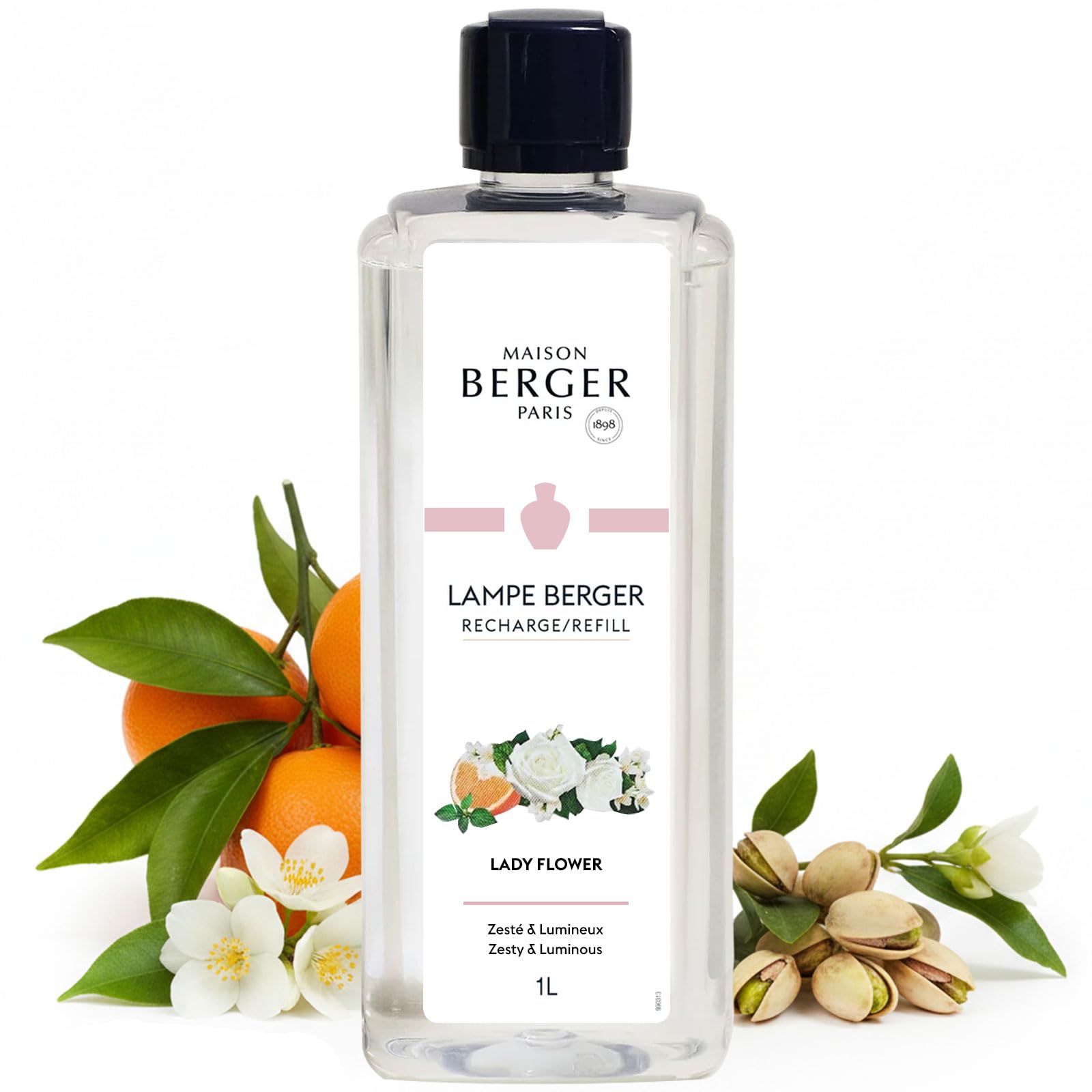 Maison Berger Lady Flower Lamp Berger Fragrance Refill, 1 Liter – 2-In-1 Catalytic System, Neutralizes Odours Then Diffuses Fragrance, Elegant Floral Bouquet With Powdery Woody Nuance
