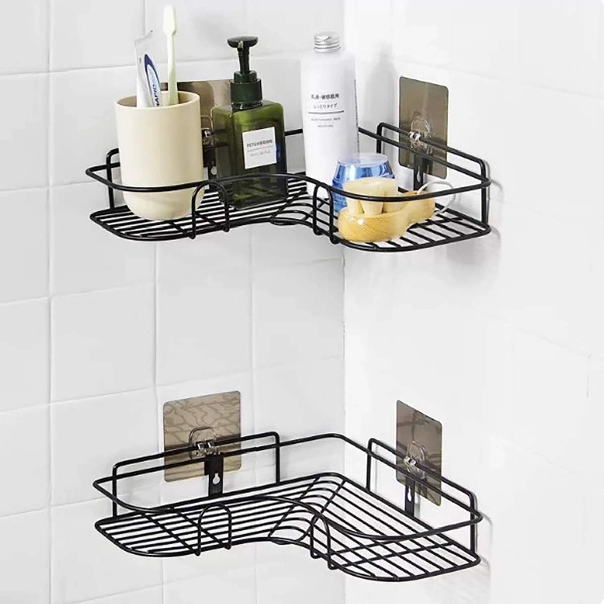 Stainless Steel Bathroom Shelf for Wall Without Drilling, Heavy Duty Washroom Rack & Organizer Stand, Wall Mounted Shelf for Shampoo, Soap, Toiletries (Set of 2)