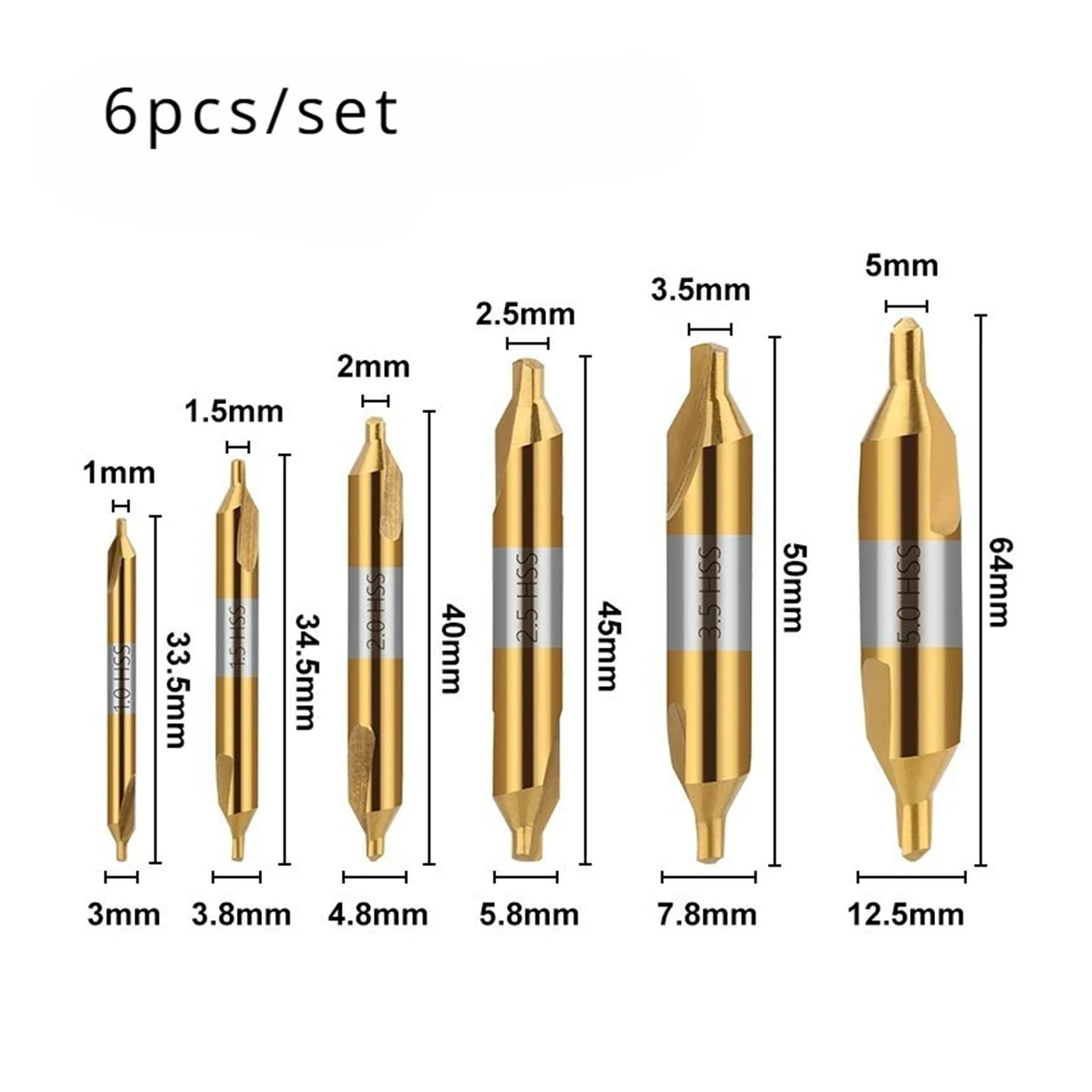 Punte da centro in acciaio rapido, Punta da trapano centrale HSS da 60 gradi Punta svasatrice combinata ad angolo 1,0-6,0 mm Set 6-7 pezzi(6pcs Set)