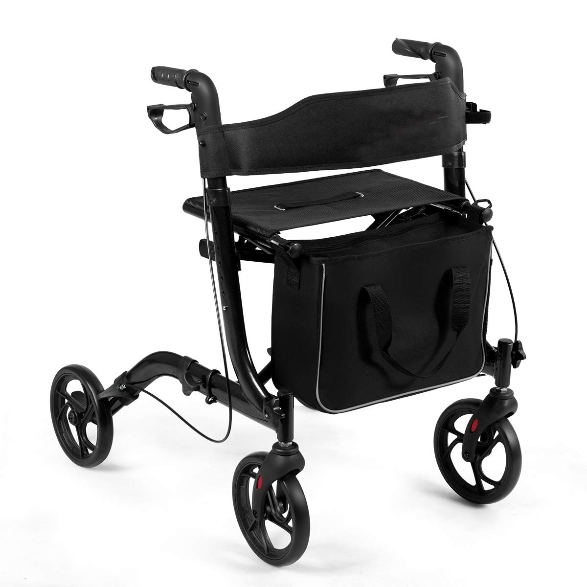 COSTWAY Deambulatore Pieghevole per Anziani Ultraleggero, con Sedile Borsa da Spesa e 4 Ruote Freno a Mano, Rollator Altezza Regolabile, Capacità 136kg, Lega di Alluminio, Nero (Nero)