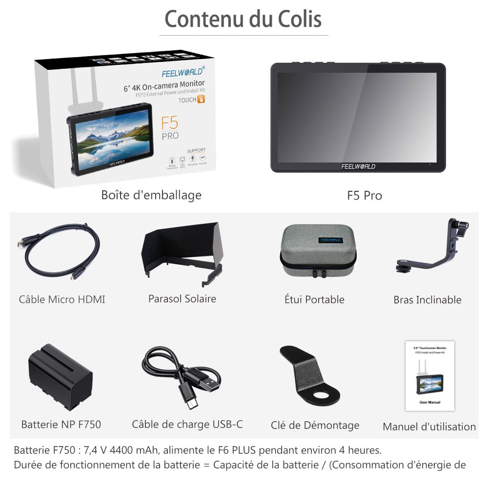 FEELWORLD F5 Pro V4 Moniteur Champ de Caméra 6 Pouces Écran Tactile HDR LUT 3D avec Batterie, Organisateur de Moniteur de caméra, IPS 1920x1080 4K HDMI 5 V Type-c Input