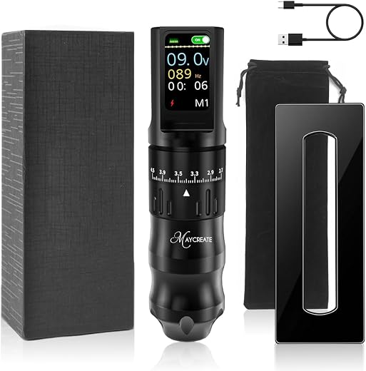 MAYCREATE® Wireless Rotary Tattoo Pen Machine with 2.7-4.5mm Adjustable Stroke Range, 1200mAh USB Rechargeable Battery, LC...