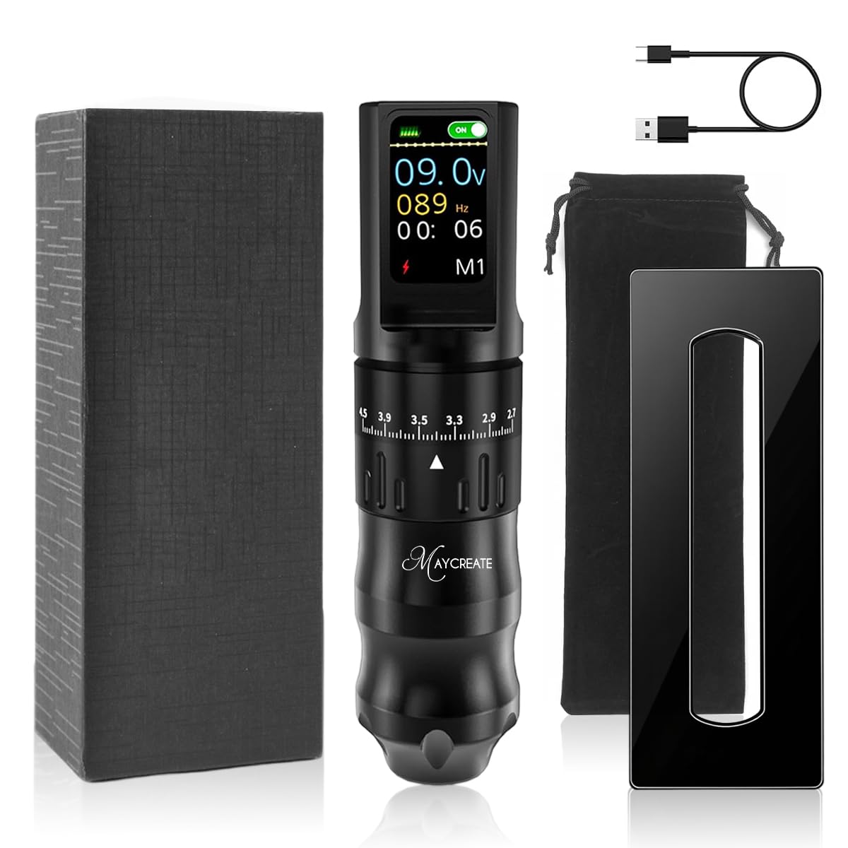 maycreate® wireless rotary tattoo pen machine with 2.7-4.5mm adjustable stroke range, 1200mah usb rechargeable battery, lcd display, multifunctional rotary tattoo machine for professional artists