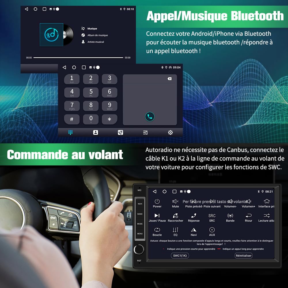 AWESAFE Autoradio 1 din 2 din Android 13 Universel Voiture Modèles Écran de 7 Pouces Supporte GPS Carplay Android Auto WiFi Bluetooth FM RDS USB Commande au Volant[2Go+32Go]