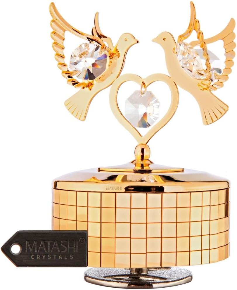 Matashi 24k Gold Plated Love Doves Music Box Made with Genuine Crystals