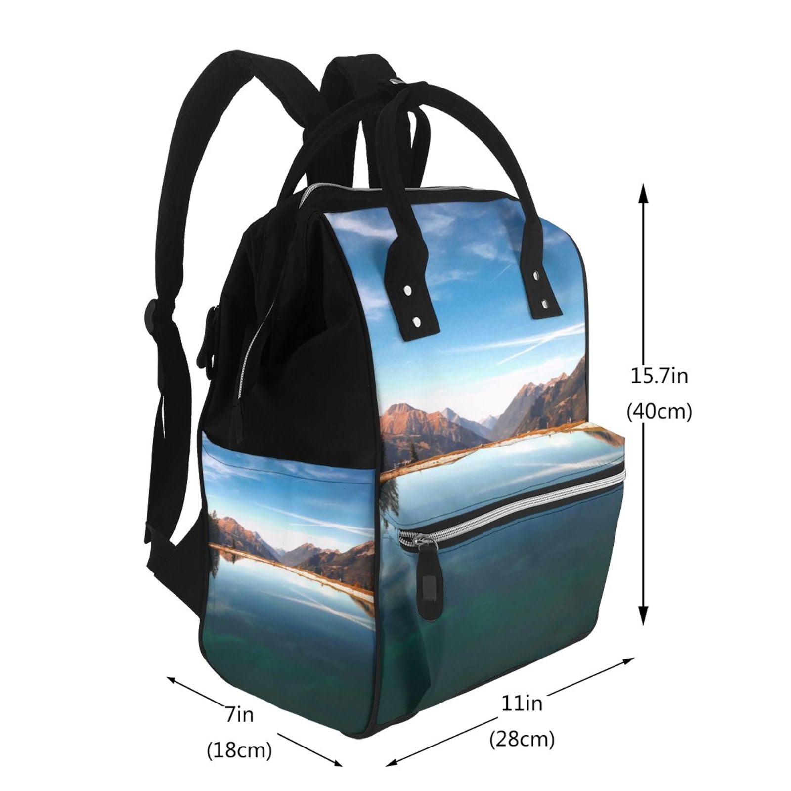 PEIXEN Mumientasche, Motiv: Berge umgeben den See, große Kapazität, Wickeltasche, multifunktionaler Reiserucksack für Damen, Schwarz, Einheitsgröße