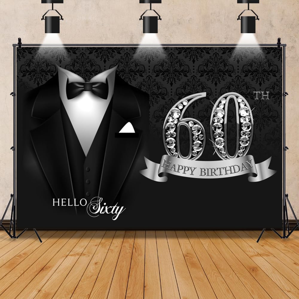 7x5ft Men 60th Happy Birthday Backdrop Tuxedo Necktie Suit Birthday Photography Background Platinum Sign Sixty Happy Birthday Party Banner Decoration