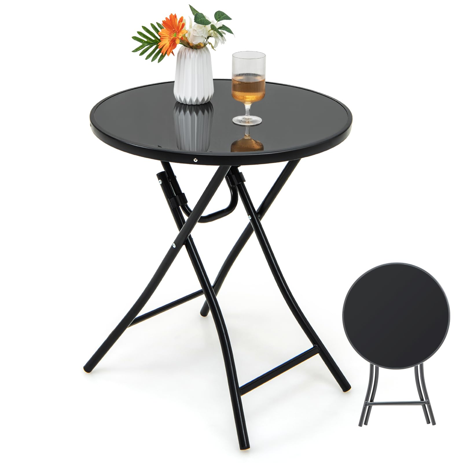 KOMFOTTEU Tavolino Pieghevole da Giardino, Tavolino Rotondo Ø 59 cm, Tavolini da Esterno con Ripiano in Vetro Temperato, Tavolo da Balcone Struttura in Metallo, per Terrazza, Veranda, Piscina, Nero