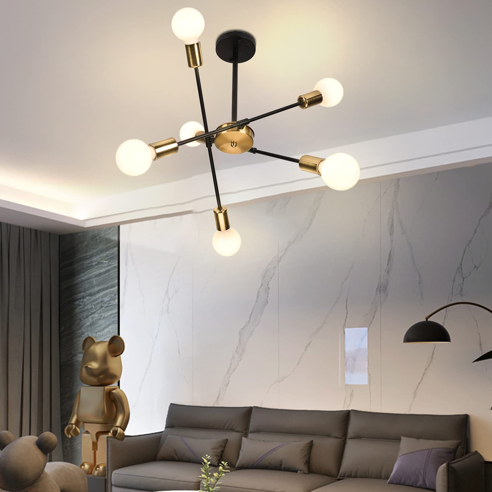 iDEGU Lampadario Soggiorno Moderno, 6 Luci Lampada da Soffitto Regolabile Plafoniera LED Vintage Illuminazione E27 Lampada a Sospensione Industriale per Camera da letto Sala da Pranzo (Nero Oro)