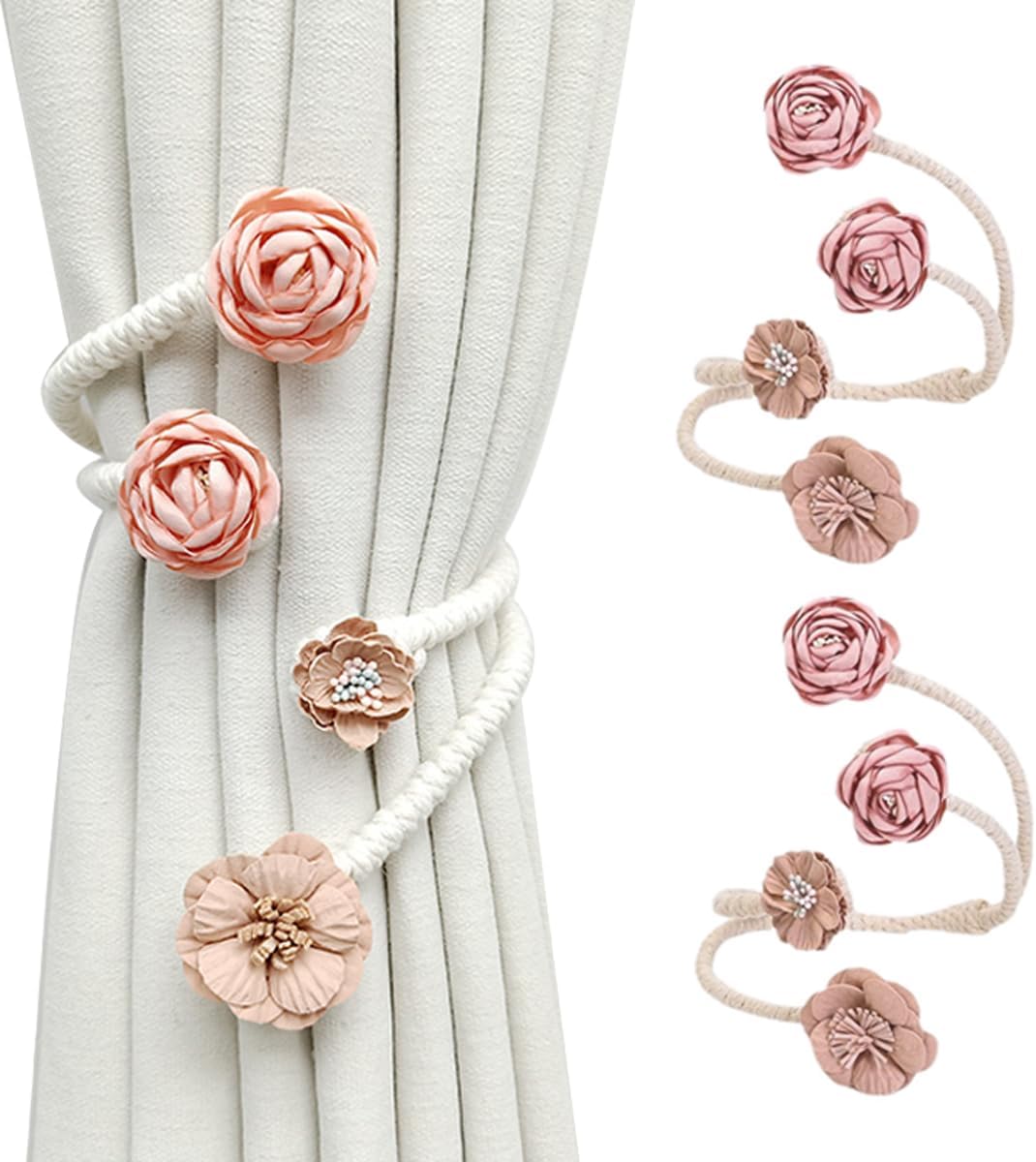 Handmade Artificial Flower Curtain Holdbacks Clips, Flexible Curtain Tiebacks Clips Twist Bough Flower Curtain Tie Back (4, Pink)