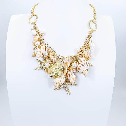 Miniatura 6 de Halawly Gargantilla de concha de cola de sirena, collar de moda con diseño de concha de mar y estrella de mar de perlas de imitación, collar grueso