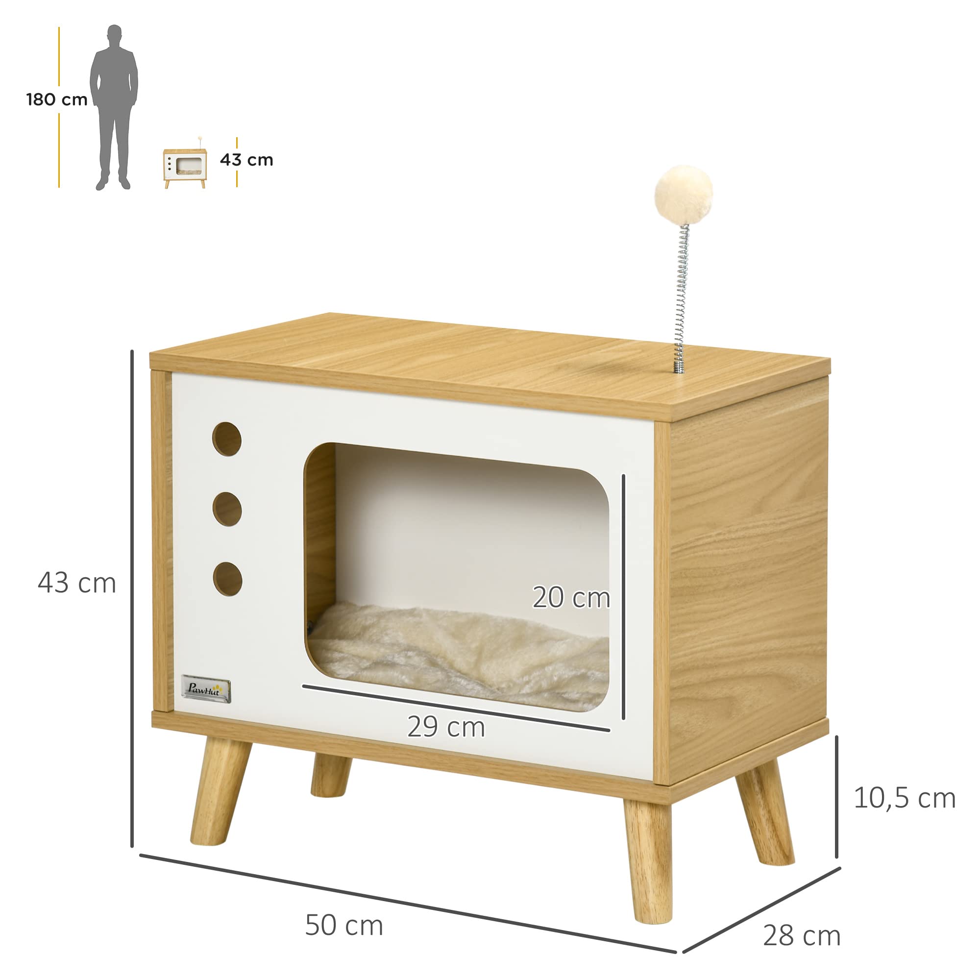 PawHut Maison Niche pour Chat Forme de TV avec Coussin Douillet et Balle rebondissante - 50 x 28 x 43 cm