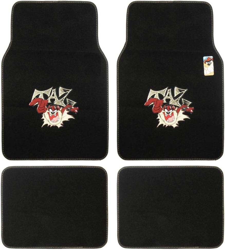 BDK Warner Bros Looney Tunes Tazmanian Devil Universal Fit Car Accessories 4pc Set Carpet Floor Mats - Front 26"x16.5", Rear 14"x16.5", No-Slip Grip Car Mats