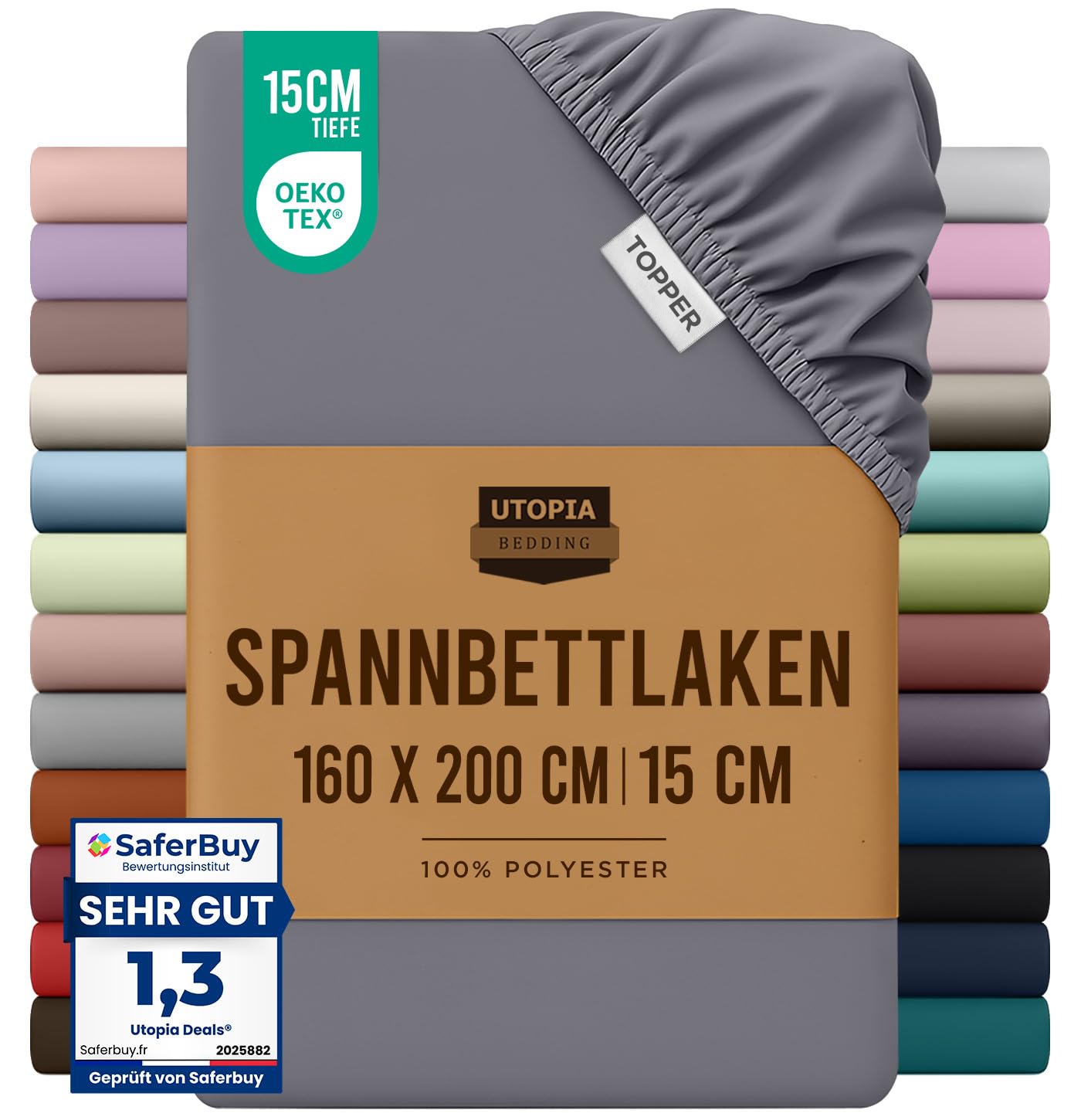 Utopia Bedding - Topper Spannbettlaken 160x200cm - Grau | 100% Polyester Mikrofaser Spannbetttuch - Topper leintuch - Oeko-Tex Zertifiziertes - 15 cm Tiefe Tasche