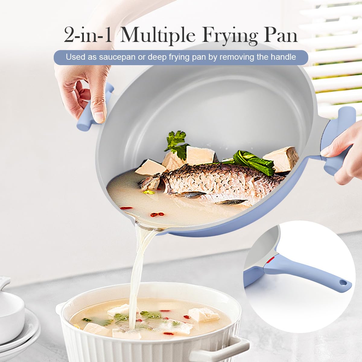 AIKENBBKK Padella in Ceramica 2 in 1 con Coperchio Padella con Rivestimento Antiaderente in Ceramica da 32 cm, Atossica, Senza PTFE e PFOA-Azzurro