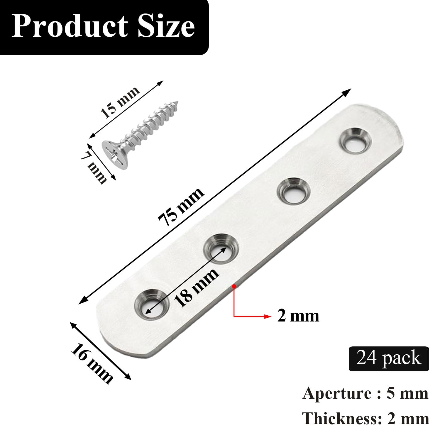 Wopanxye 24pcs Metal Flat Brackets for Wood 16x95mm Heavy Duty Stainless Steel Mending Plates - Image 2