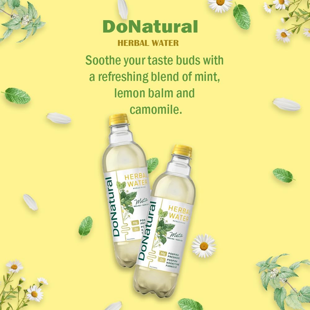 Agua de Hierbas DoNatural – Menta con Melisa y Manzanilla, 500 ml – Bebida relajante baja en calorías con magnesio y zinc, agua vegana natural infusionada