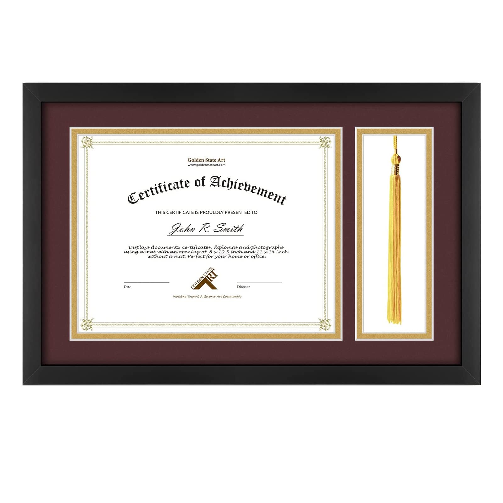 Golden State Art, 11x17.5 Black Diploma Frame with Tassel Holder for 8.5x11 Diploma and Tassel Frame, Graduation Shadow Box with Solid Wood and Tempered Glass, Dark Red Over Gold Mat for Wall, 1 Pack