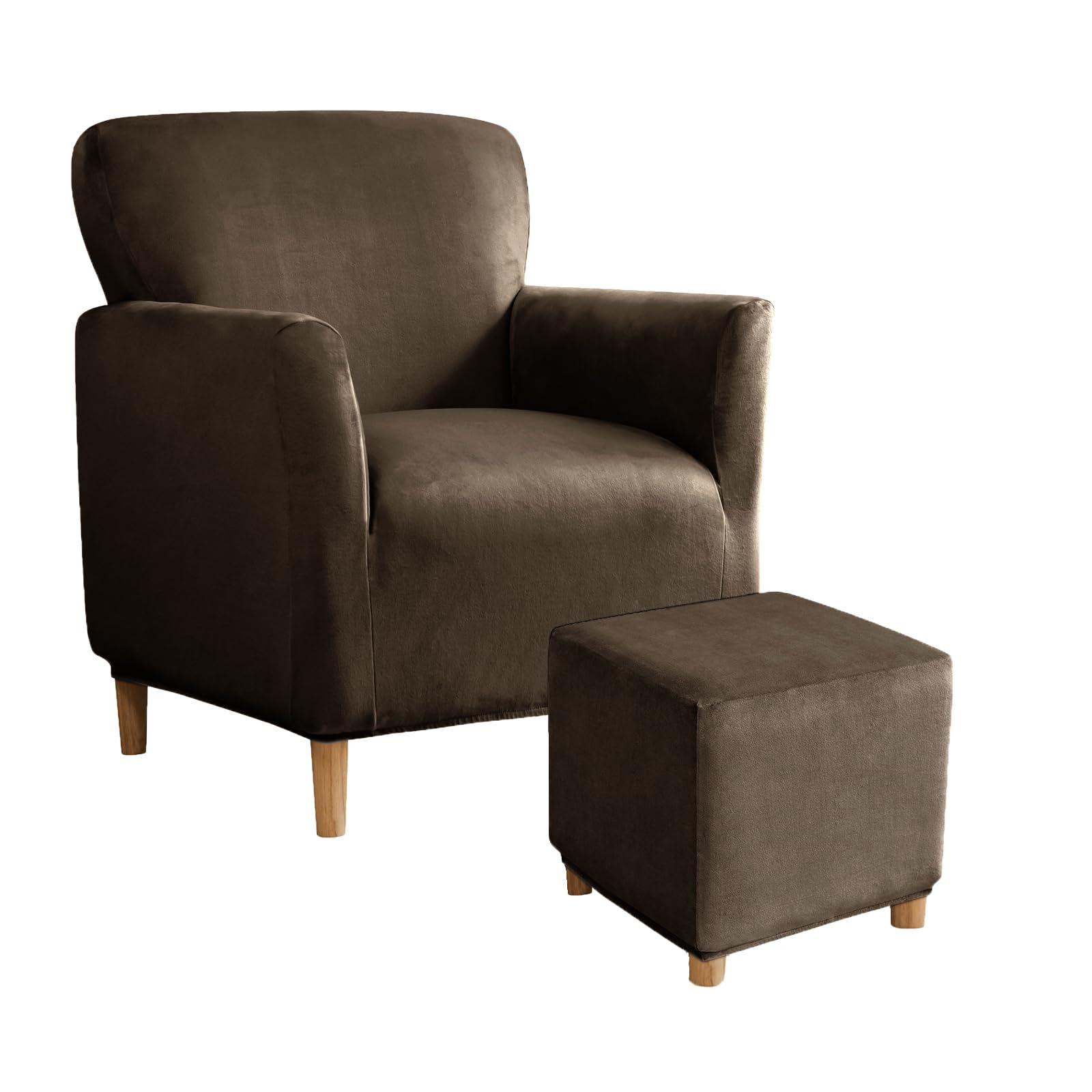 SYLC Stretch Velvet Armchair Sofa Covers with Ottoman Cover Rectangle/Square, Banquet Tub Chair Covers Footstool Slipcover Furniture Protector (Dark brown,Chair+Ottoman Square S)
