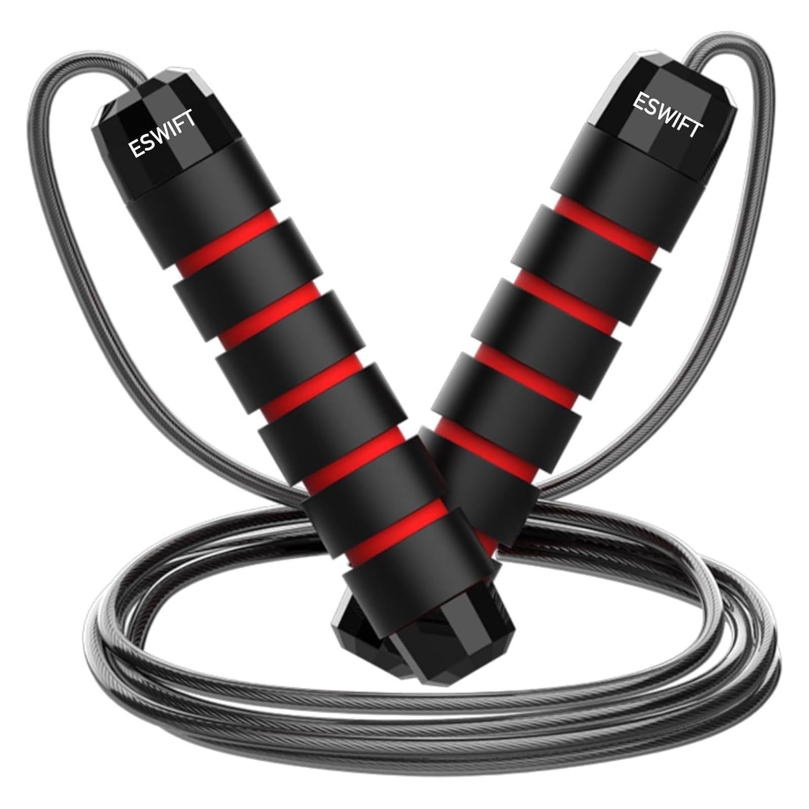 ESWIFT Jumping Premium-Sprungschnur - verstellbare Länge, rutschfeste Griffe, Hochgeschwindigkeits-Springseil für Fitness, Cardio und Training - 2.8 m lang für Kinder und Erwachsene (Rot)