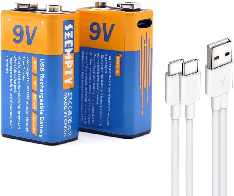 SZEMPTY Batterie ricaricabili al litio da 9 V, 6F22 USB agli ioni di litio da 9 V, 650 mAh, con cavo di ricarica di tipo C, ricarica rapida in 1,5 ore, confezione da 2