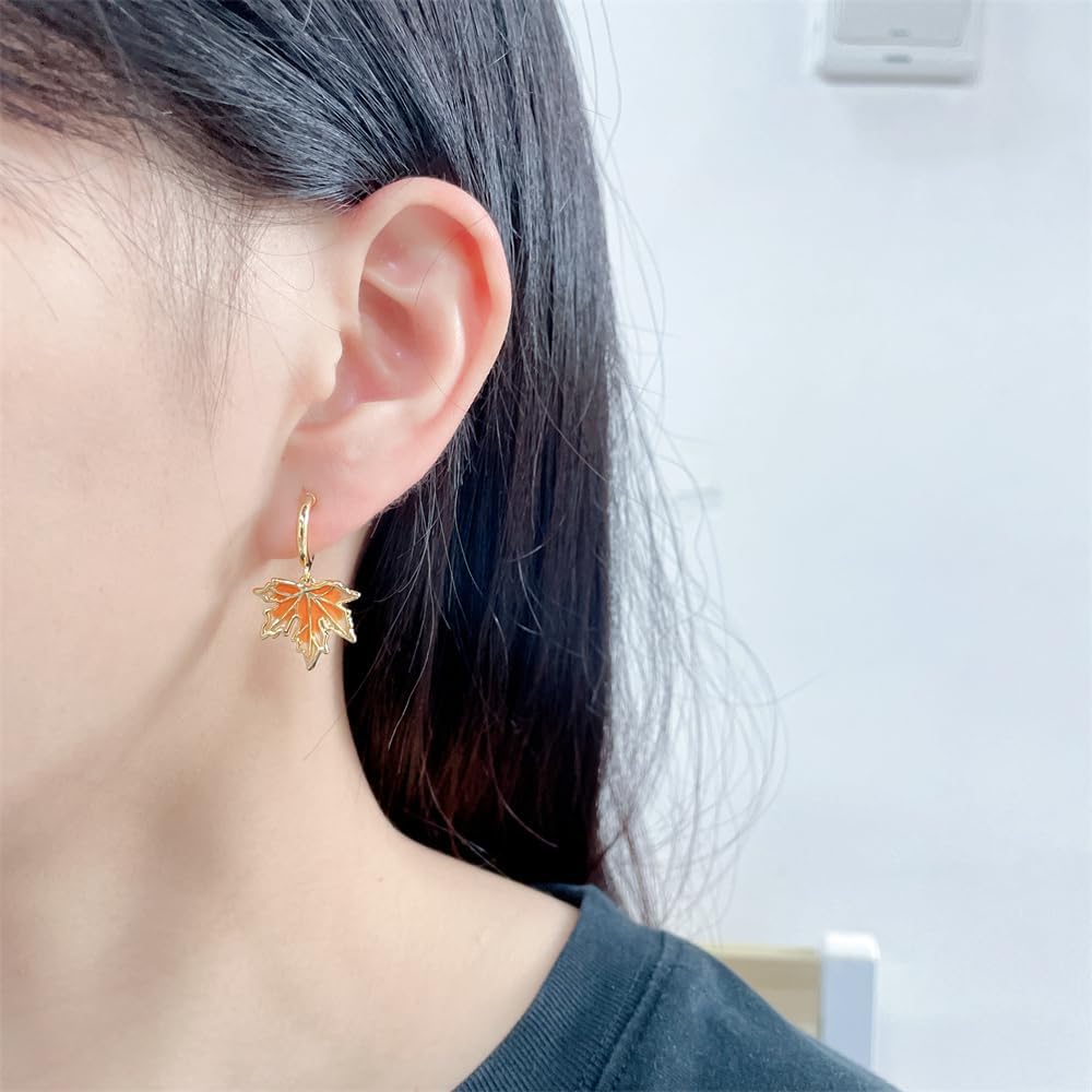 Clip On Maple Leaves Dangle Drop Fake Hoop Earrings for Women No Piercings Ear Dainty Elegant Gold Plated Enamel Autumn Leaf Cuff Wrap Earring Fashion Jewelry Gifts for Birthday Hypoallergenic - Image 5