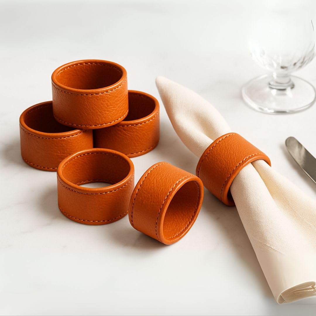 CASA BOTANICAL Hand Crafted Faux Leather Napkin Rings - Set of 6 for Table Decor, Weddings, Dinner Parties, Decorations Orange