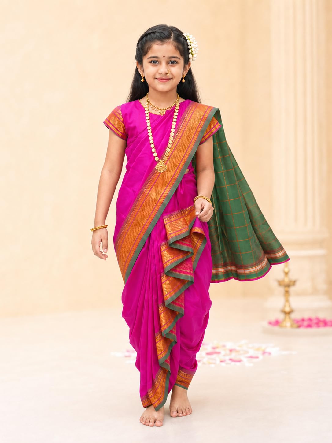 Luster Shahi Mastani Nauvari saree for kids/girls Ready-to-wear with a stitched blouse, Traditional Maharashtrian Marathi saree, for School program ganpati pujas festival (Purple, 12-18 Months) 3