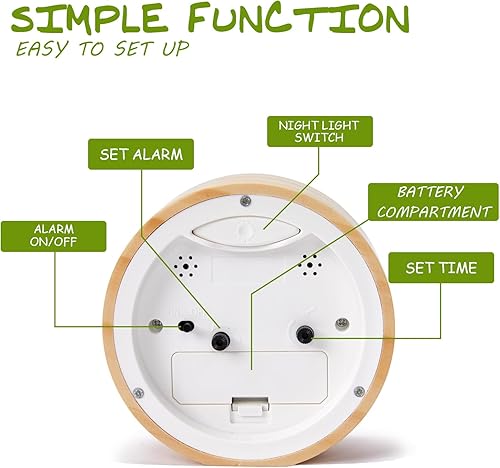 Miniatura 3 de Reloj despertador analógico de madera, silencioso y sin tictac, funciona con pilas, reloj de mesa con luz nocturna para dormitorio, habitación de