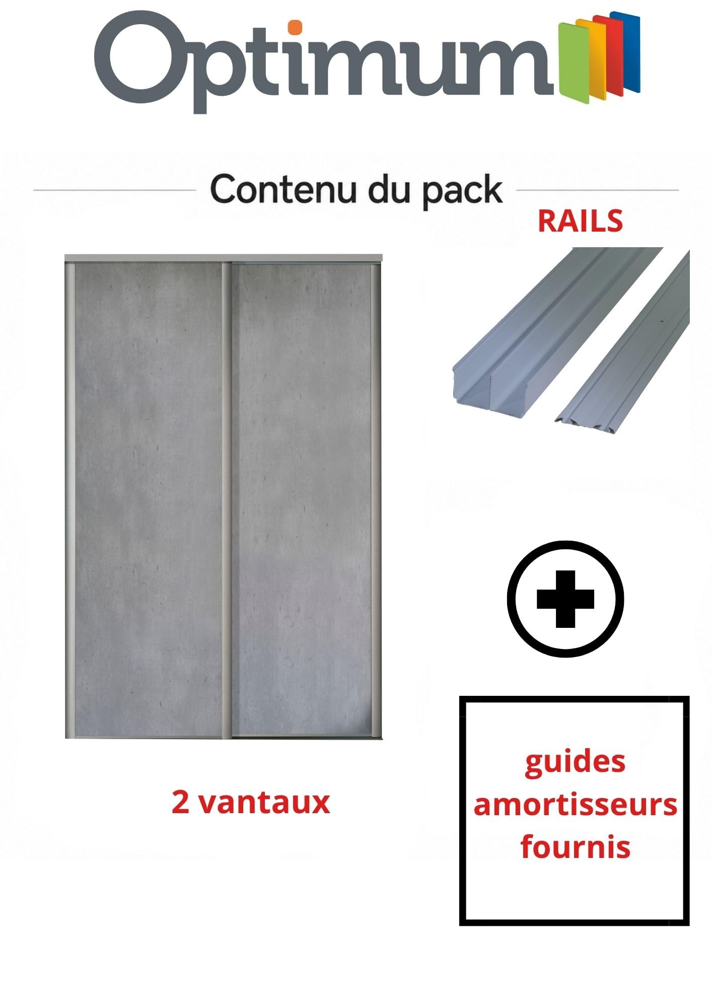 2 portes de placard coulissantes pour une hauteur de 250 cm et une largeur totale de 120 cm, décor béton clair, profils et rails gris inclus