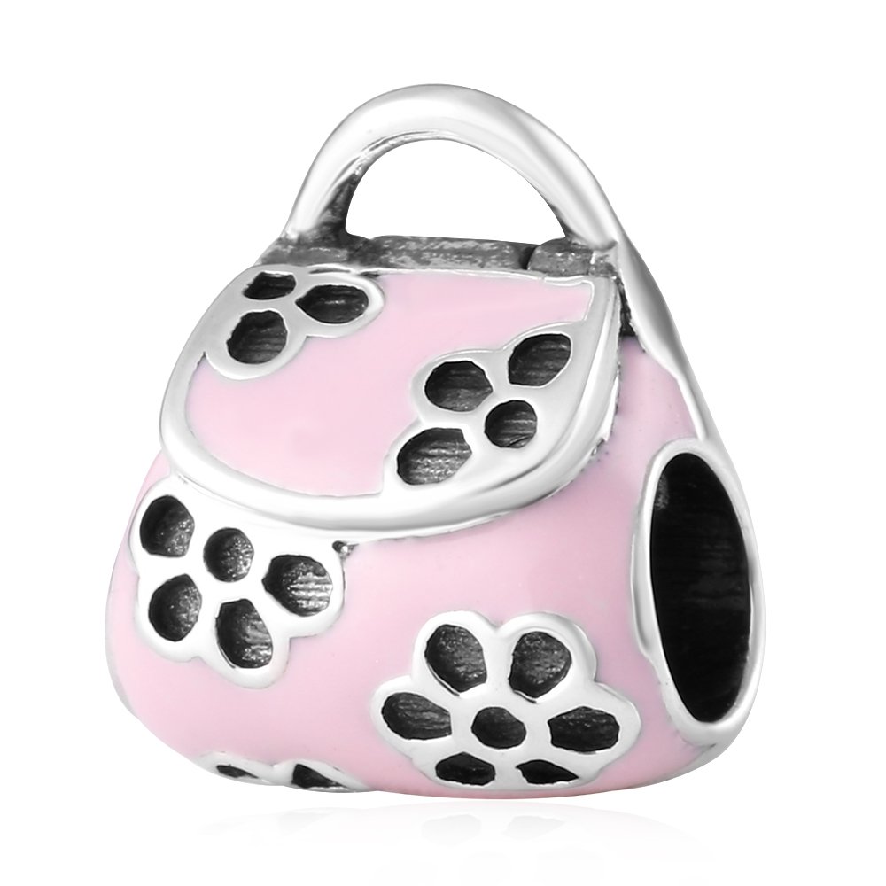 SOUKISSPink to Shop Charms 925 Sterling Silver I Love Shopping Flower Bag Charms Fits European Bracelet