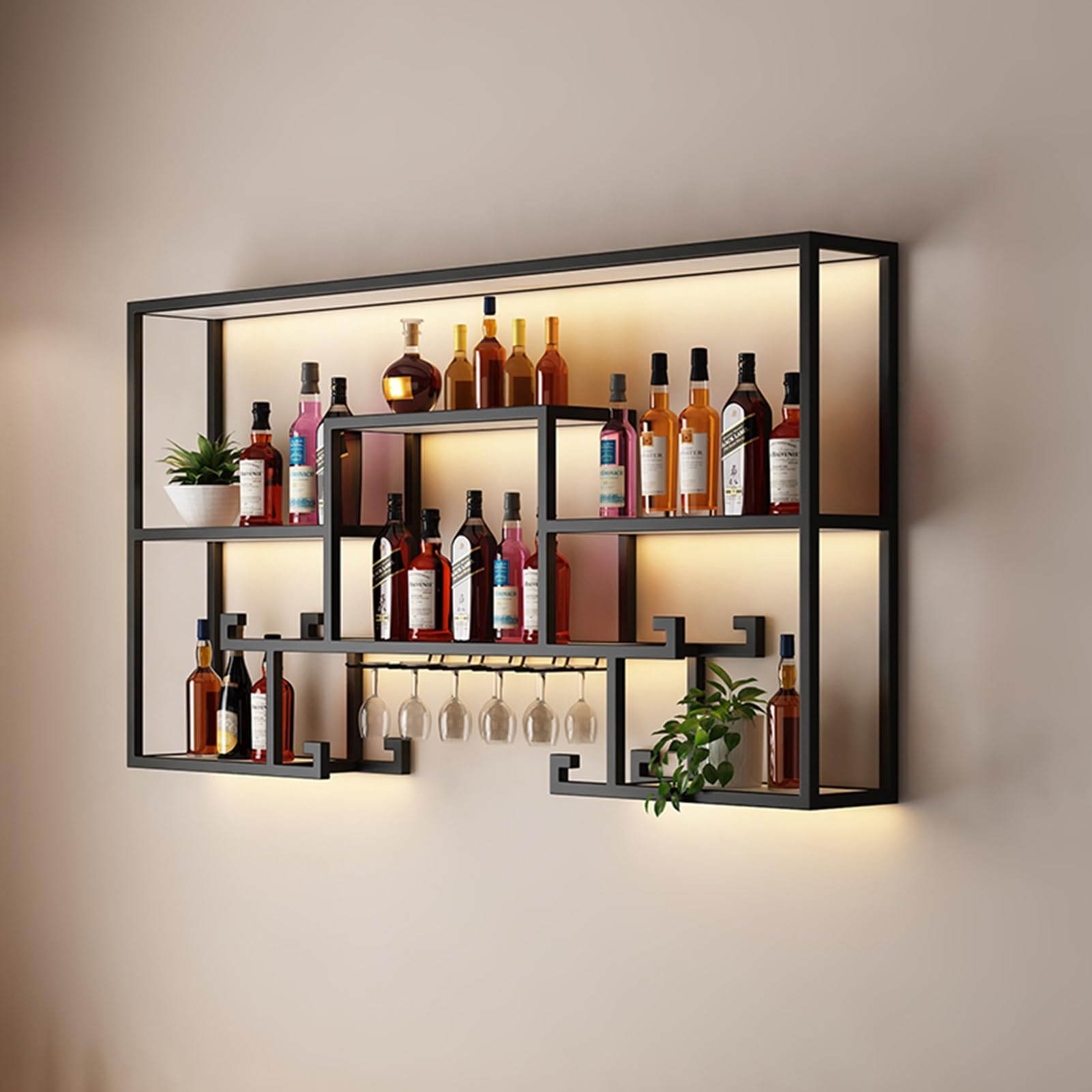 Cantinetta portabottiglie da Parete, portabottiglie da Bar, Ripiani in Ferro con Luce LED, con portabicchieri da Vino sospeso, mobiletto per liquori, mensola per bottigli