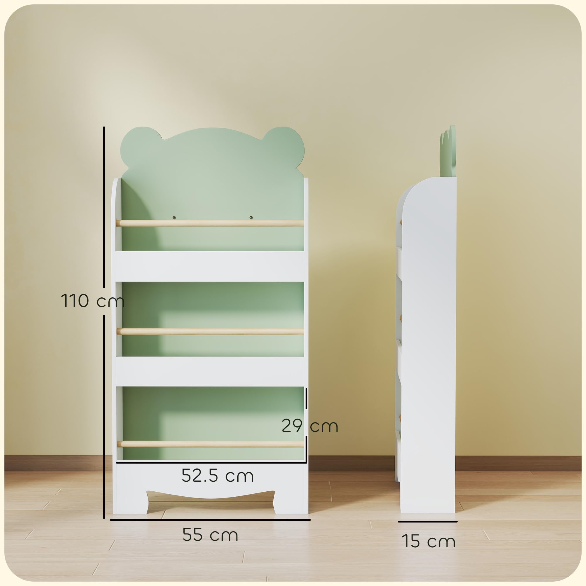 AIYAPLAY Libreria per Bambini a 3 Ripiani, Scaffale Salvaspazio a Forma di Orsetto con Barriere Frontali, per Cameretta e Salotto, 55x15x110 cm, Verde
