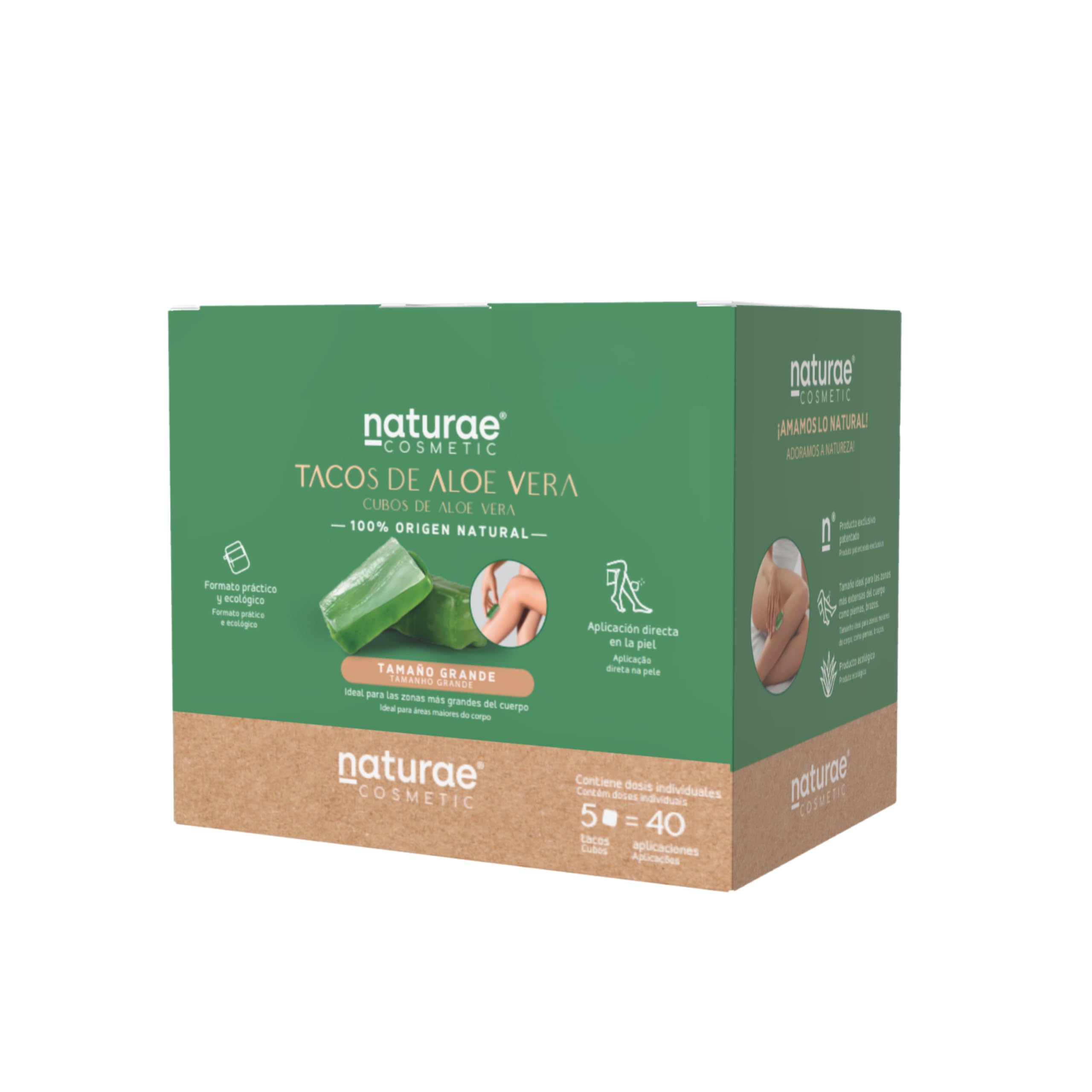 Naturae Cosmetic – Taco Grande de Aloe Vera Puro para Piernas, Espalda y Abdomen | Hidratante Post Depilación, Post Sol y Uso Diario | Fabricado en España | Pack 3 Estuches con 5 Doypacks — view 2